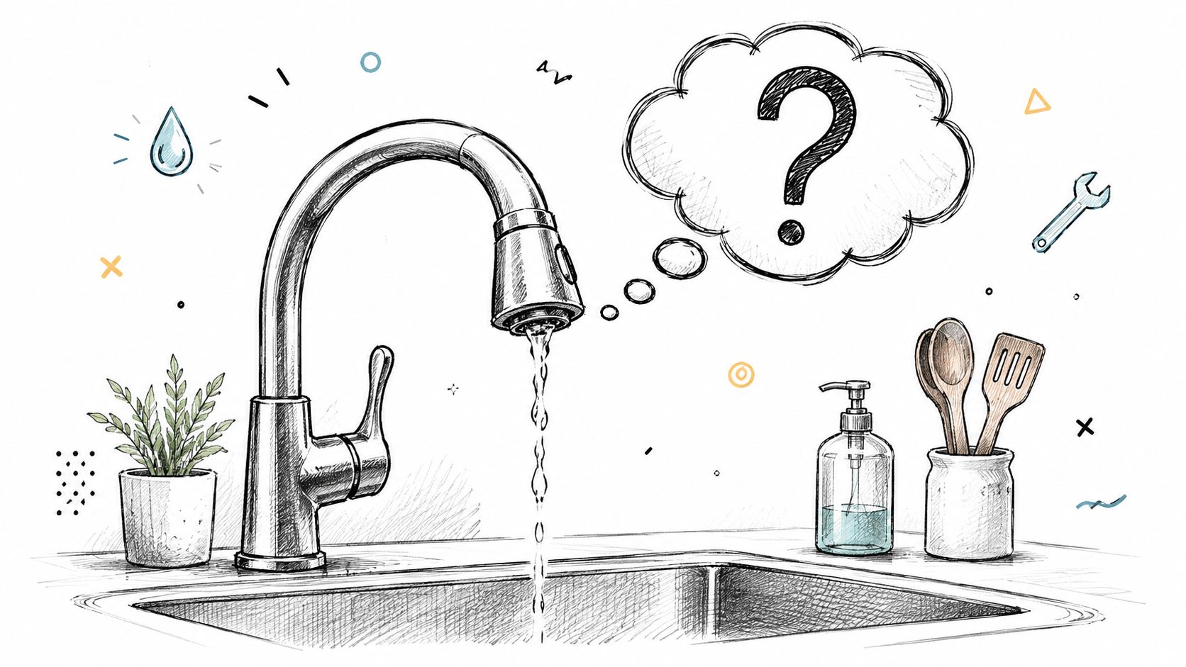 A pencil sketch of a kitchen faucet over a sink with a question mark thought bubble above it.