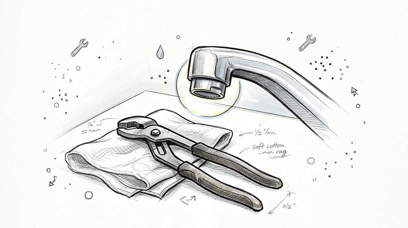 A sketched illustration of a plumbing tool and rag for cleaning a kitchen faucet aerator.