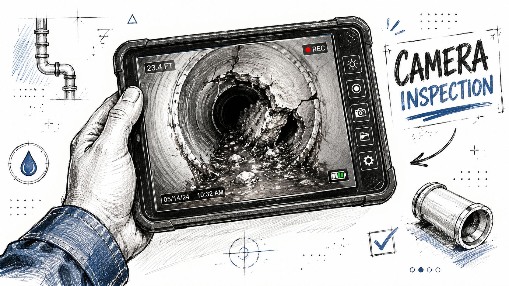 A hand holding a digital tablet displaying a cracked sewer pipe interior during a professional camera inspection.