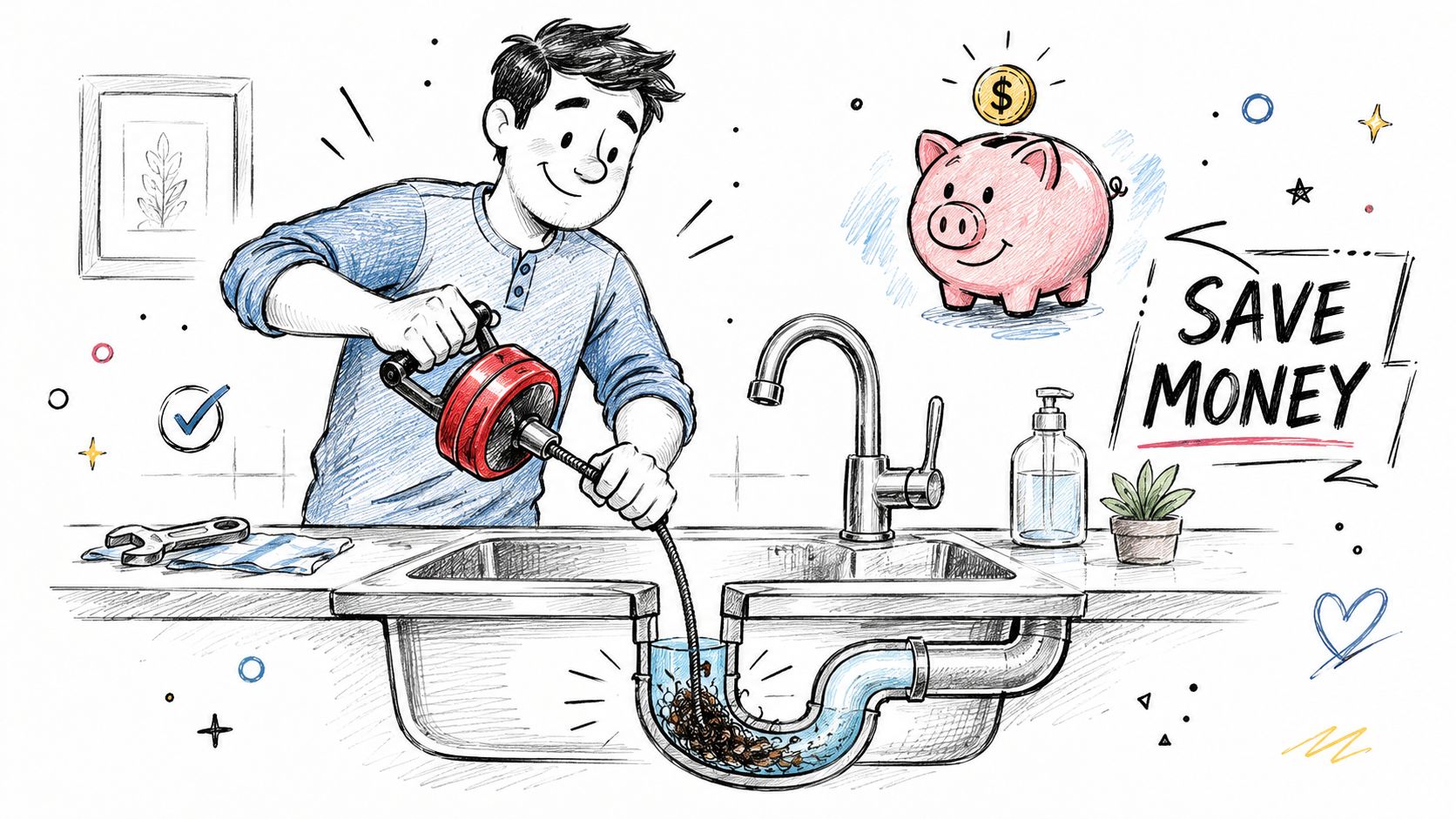 A man using a drain snake tool to clear a clogged sink pipe to save money.