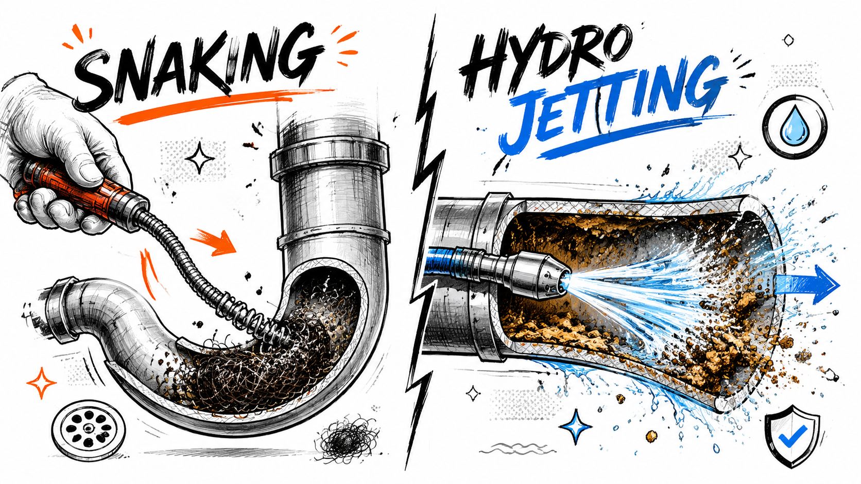 A split illustration comparing pipe snaking and hydro jetting techniques for clearing drain clogs in plumbing systems.