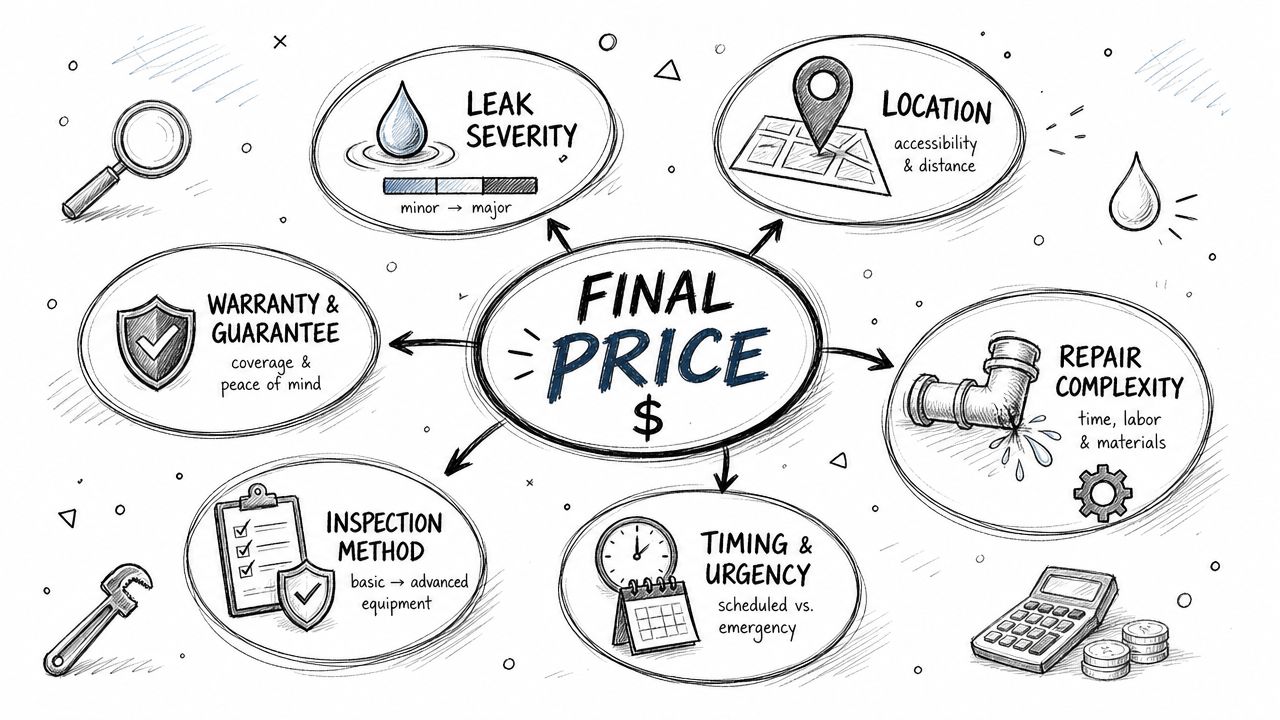 A hand-drawn mind map illustrating six key factors influencing the final price of leak detection services.