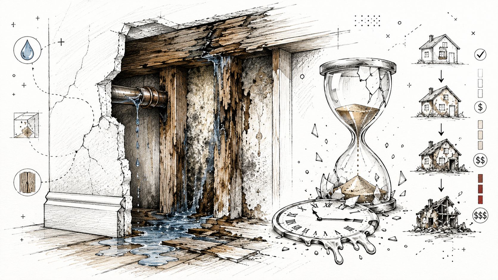 A conceptual illustration showing water leaking from a pipe causing house structural decay and increasing repair costs.
