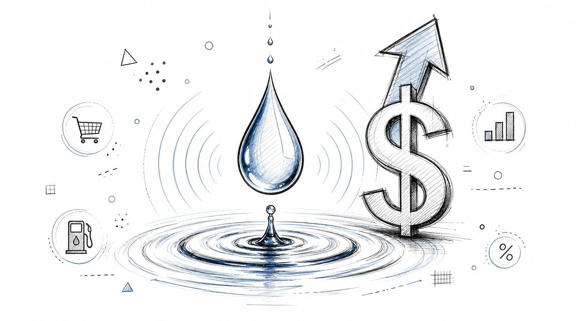 A conceptual illustration showing a water drop creating ripples next to a rising dollar sign icon.