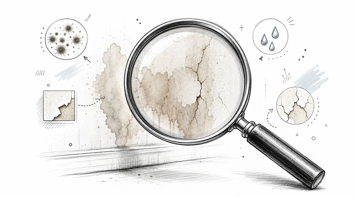 A magnifying glass inspecting moisture damage, mold growth, and cracked plaster on a wall in a home.