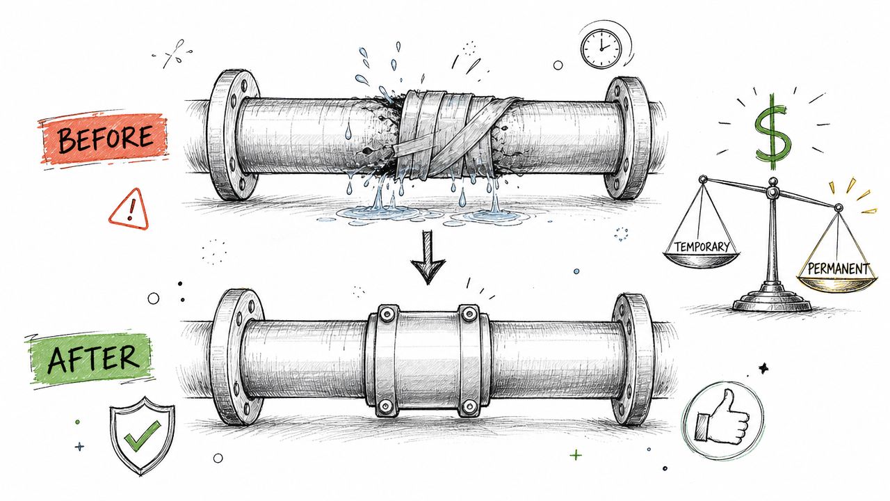 A diagram comparing a temporary repair on a leaking pipe with a permanent professional pipe coupling solution.