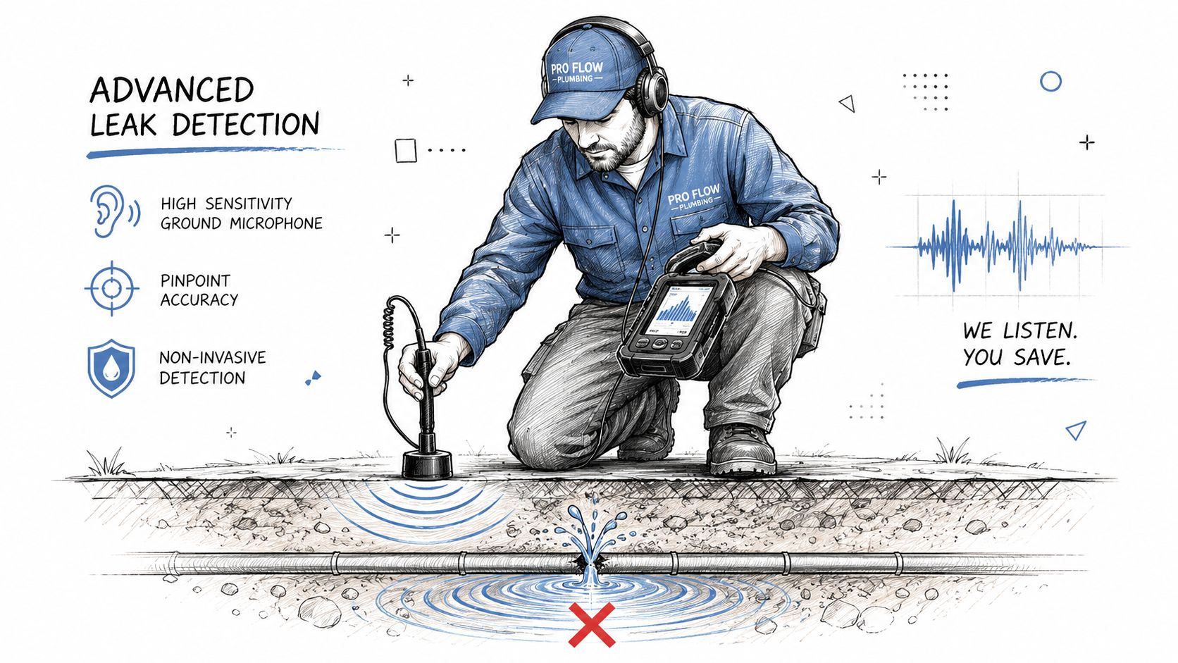 A professional plumber using specialized electronic equipment to perform non-invasive main water line leak detection outdoors.