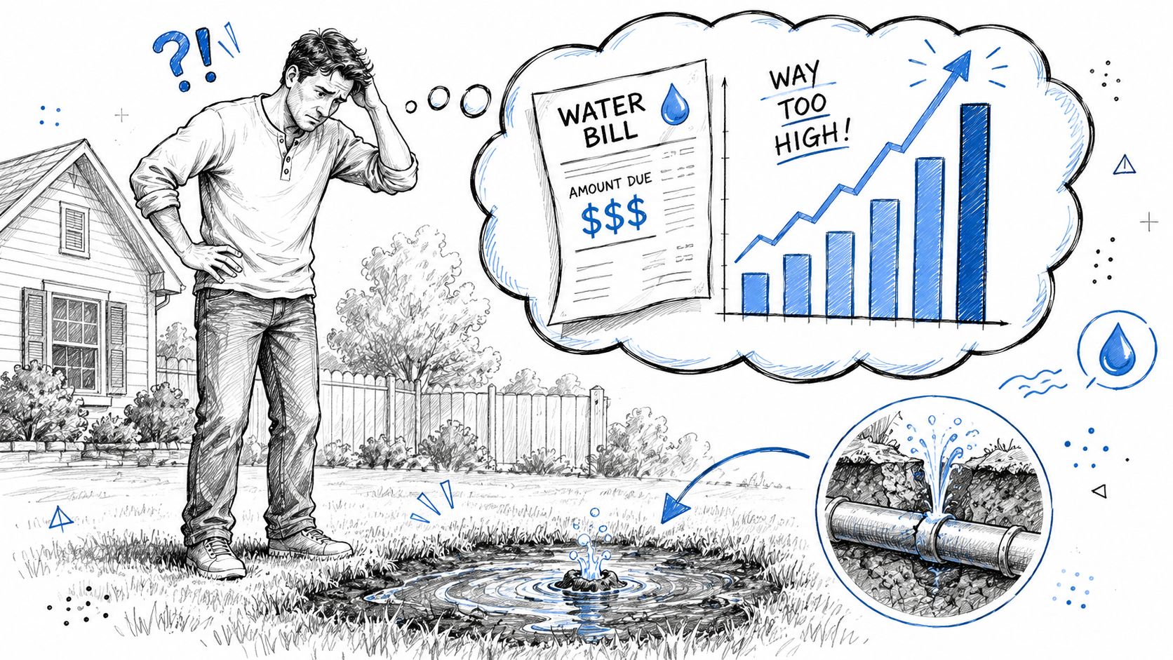 A concerned homeowner looking at a burst pipe in their yard causing a high water bill.