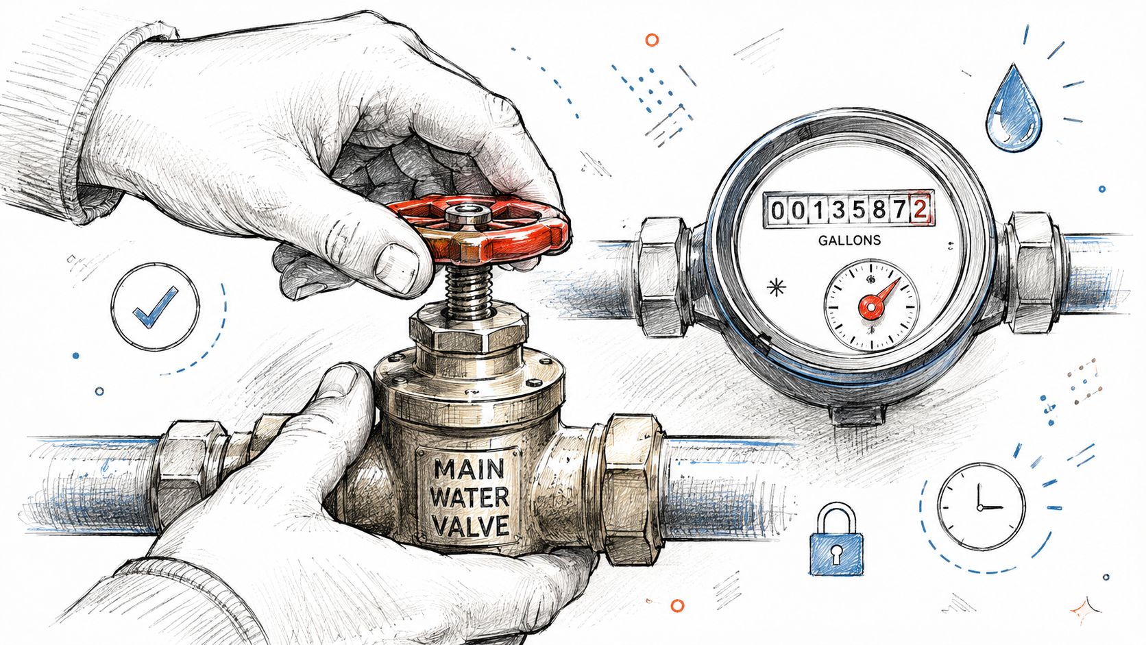 A hand turning the main water valve shut next to a water meter measuring consumption in gallons.