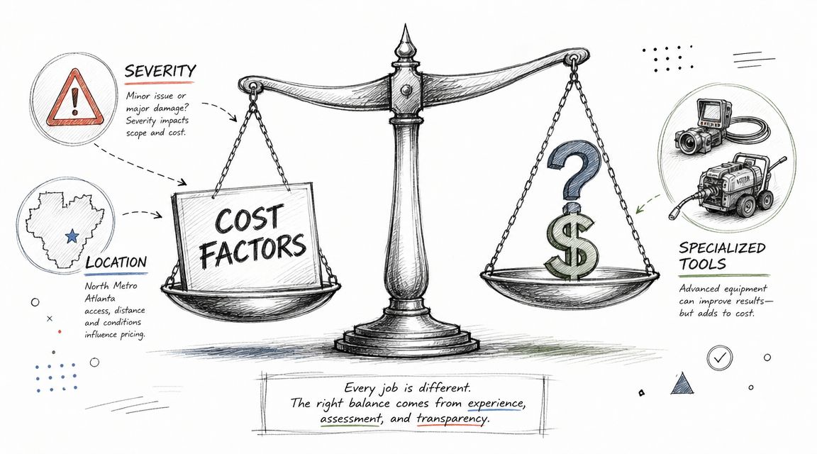 A hand-drawn illustration showing a balance scale depicting cost factors involved in professional drainage service projects.