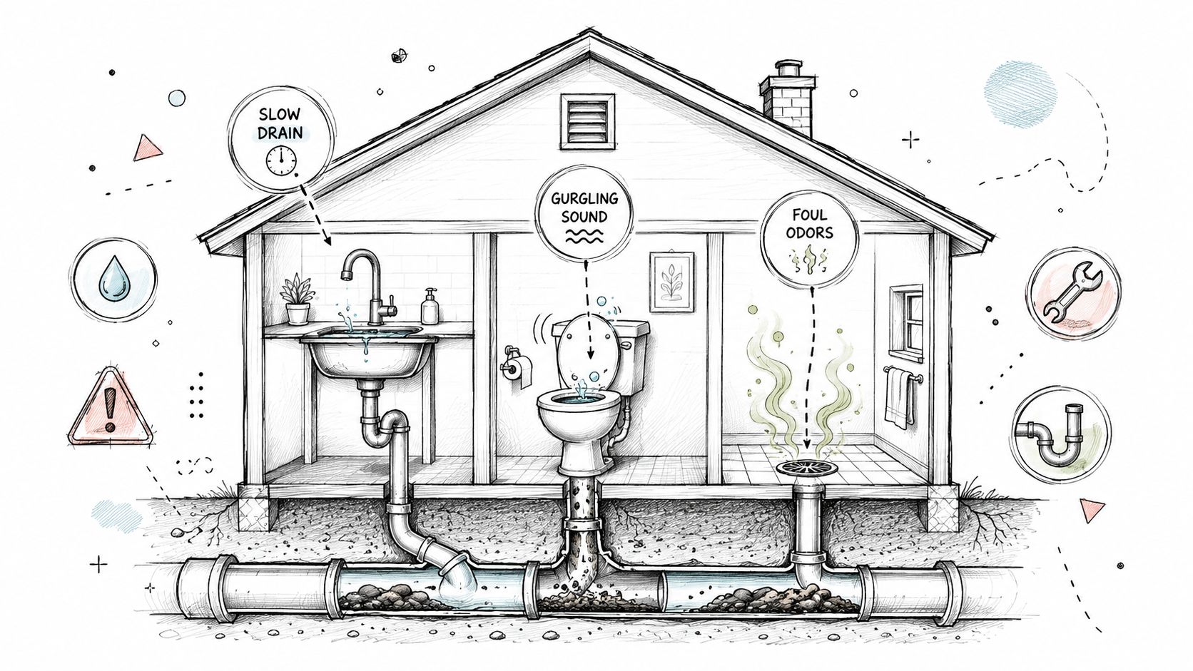 Cross-section illustration of a house showing clogged pipes causing slow drains, gurgling toilets, and bad odors.