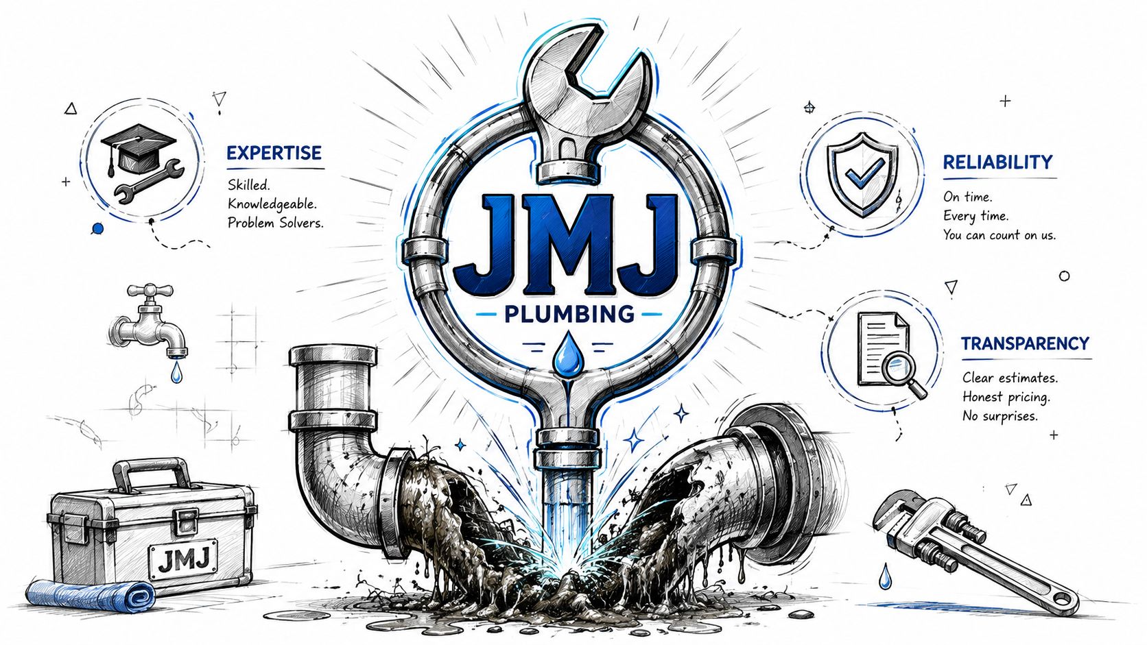 A professional JMJ Plumbing logo featuring a central pipe repair illustration surrounded by expertise, reliability, and transparency service icons.