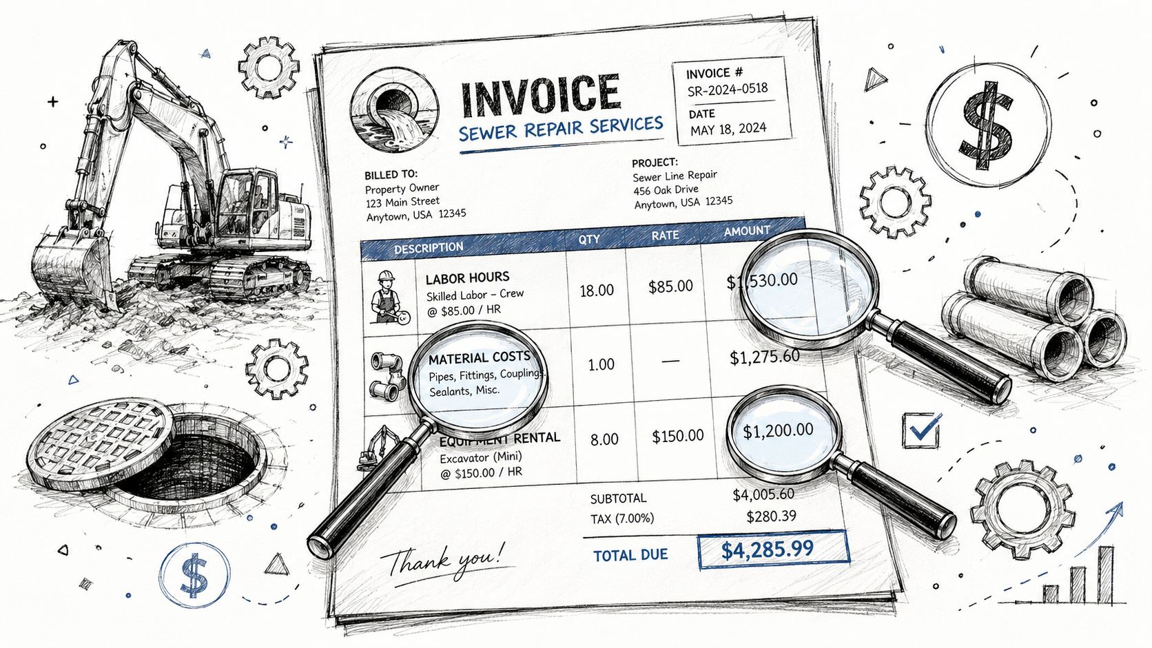 A detailed invoice for sewer line repair services displayed with construction equipment and financial analysis icons.