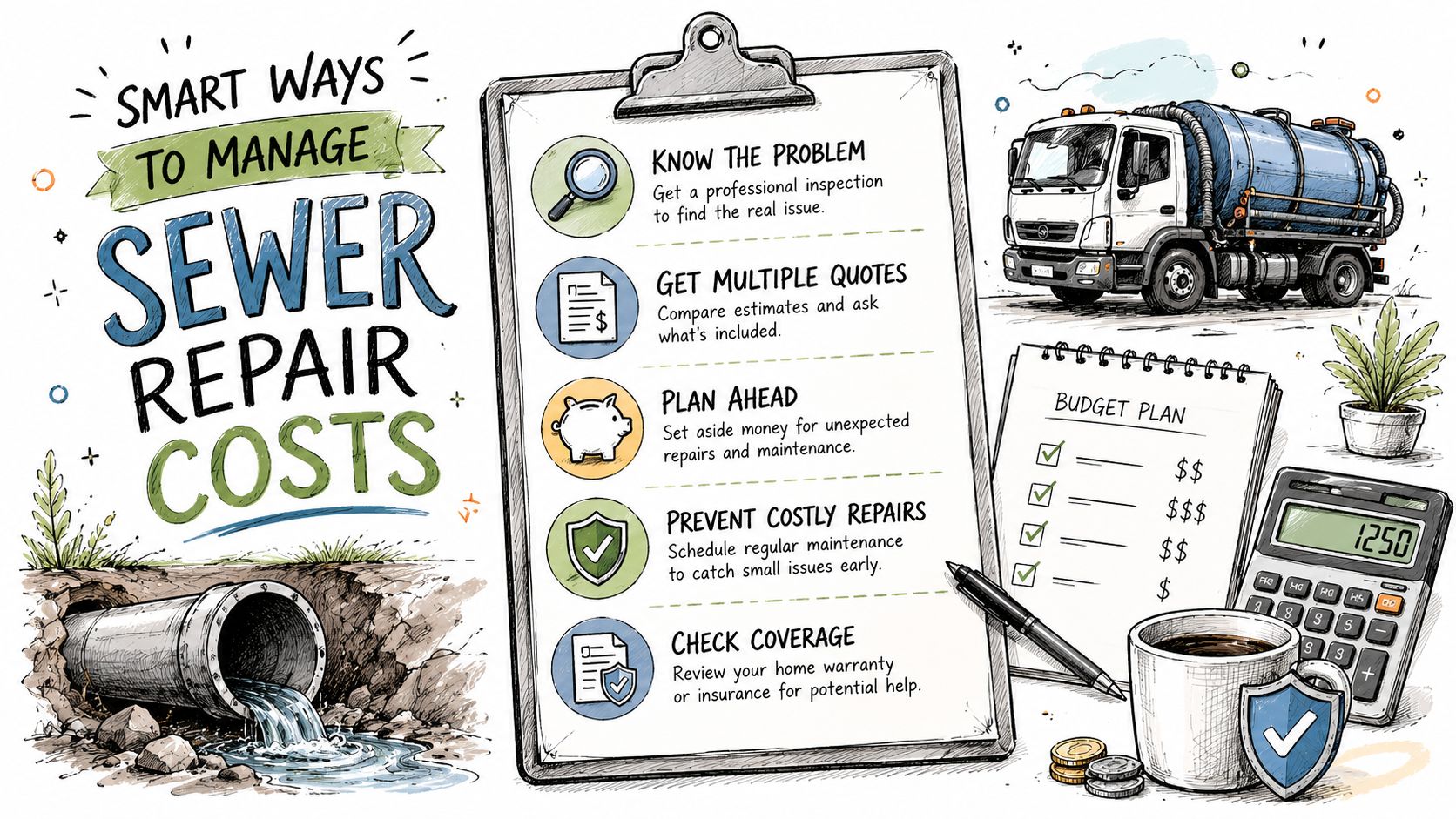 An infographic illustrating five smart strategies to effectively manage and reduce sewer line repair costs.