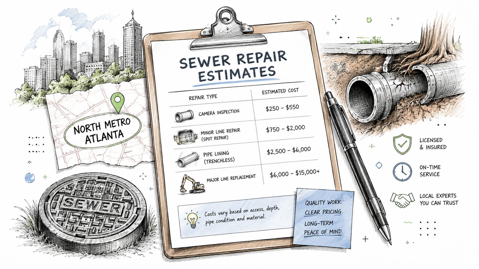 A clipboard showing sewer line repair cost estimates for different services in the North Metro Atlanta area.