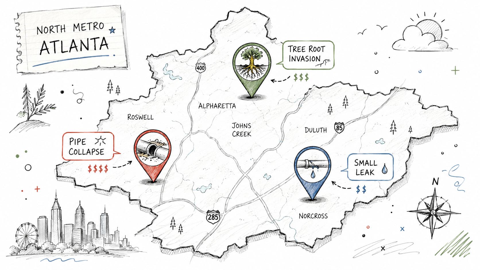 An illustrated map of North Metro Atlanta showing locations with sewer line pipe damage and repair costs.