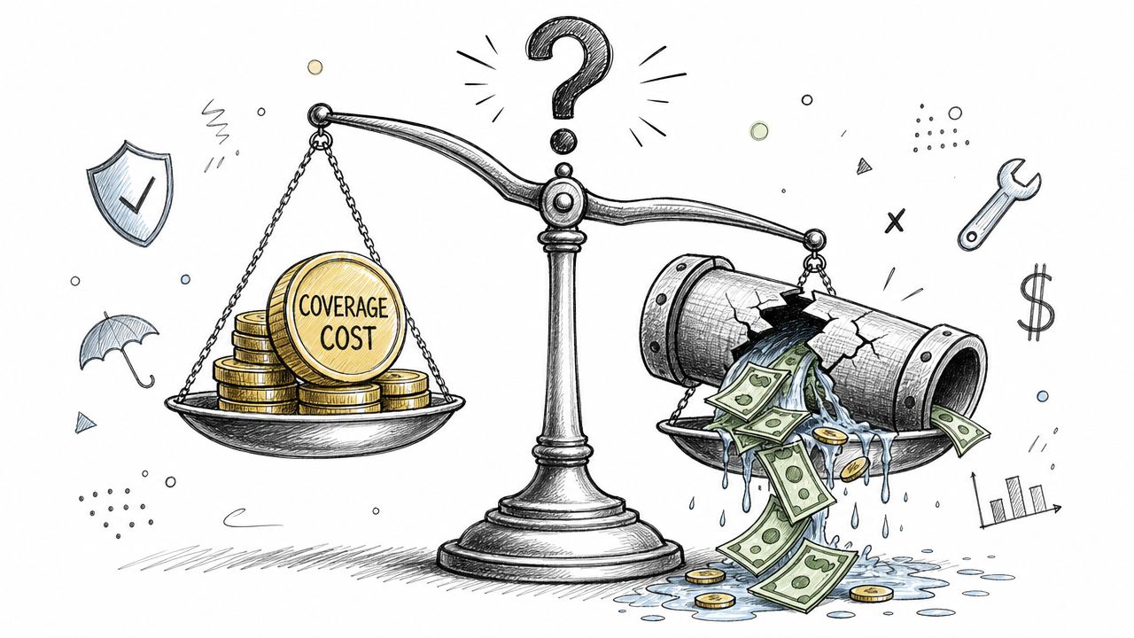 A conceptual scale illustration weighing coverage cost against a broken, leaking pipe with money flowing out.