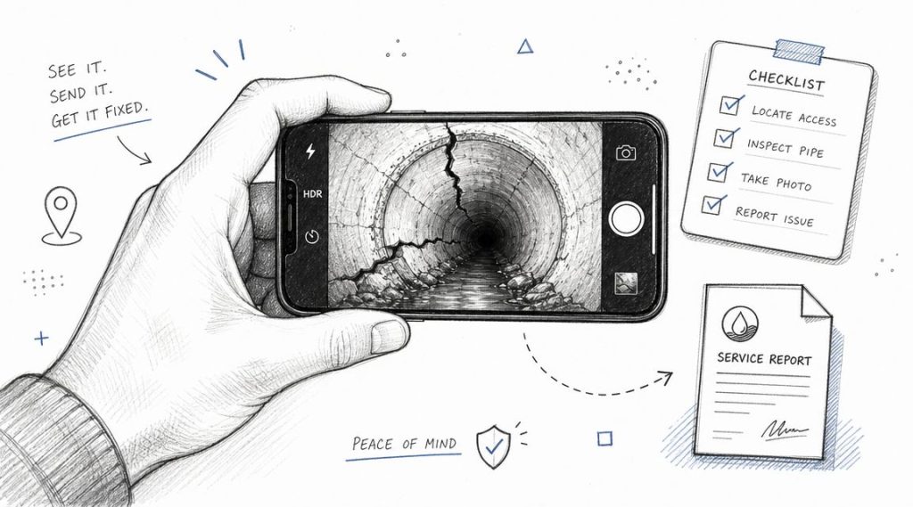 An illustration showing a person using a smartphone to photograph a cracked pipe for sewer repair services.