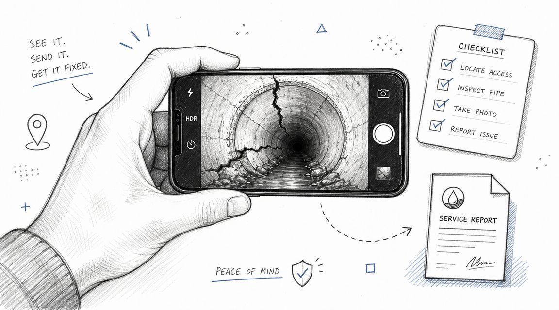 An illustration showing a person using a smartphone to photograph a cracked pipe for sewer repair services.