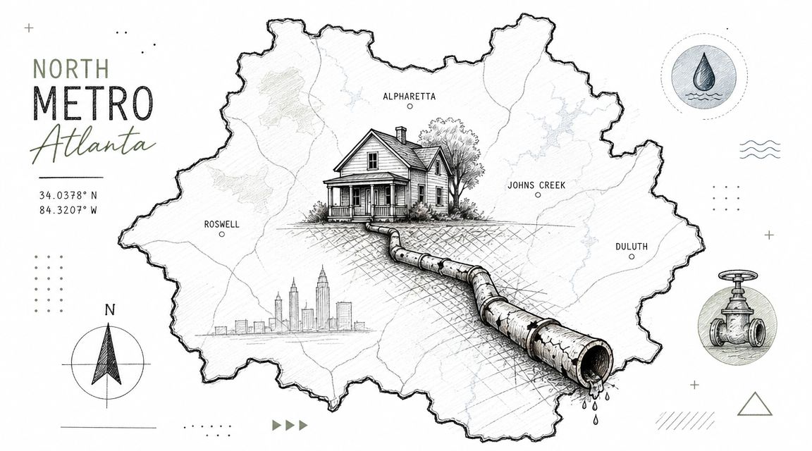 A conceptual illustration of a house with a cracked sewer line in North Metro Atlanta.