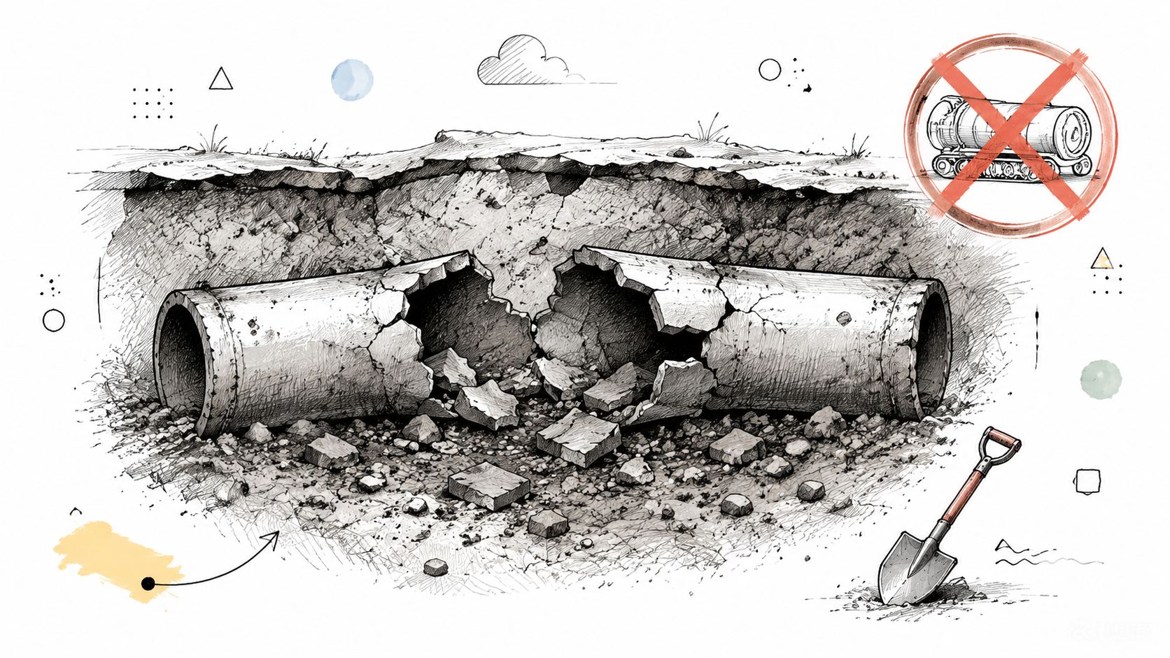 An illustration showing a damaged sewer pipe underground with a shovel and a prohibition sign nearby.