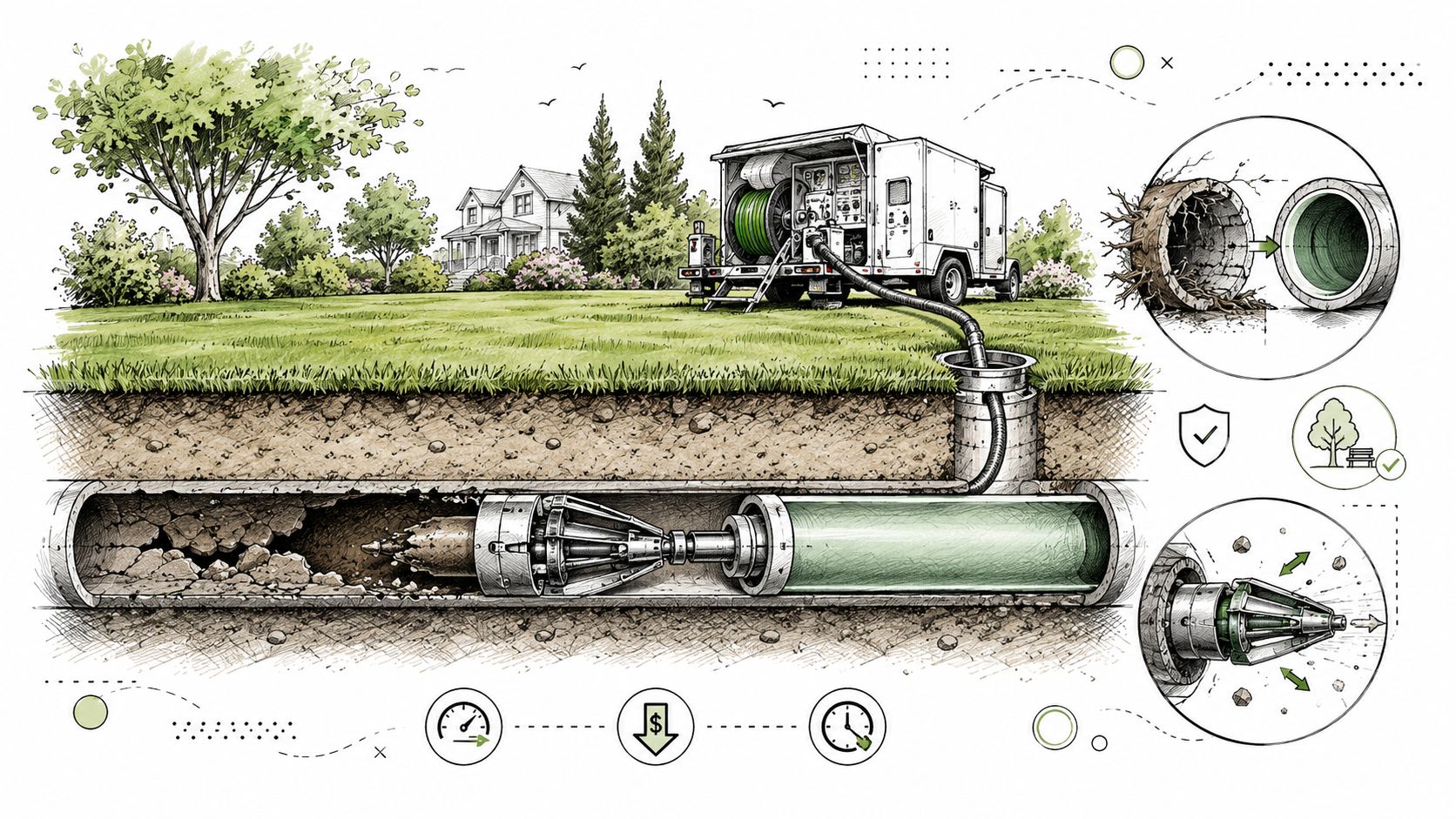 An illustration showing trenchless sewer line repair with equipment working underground to fix pipes without digging.