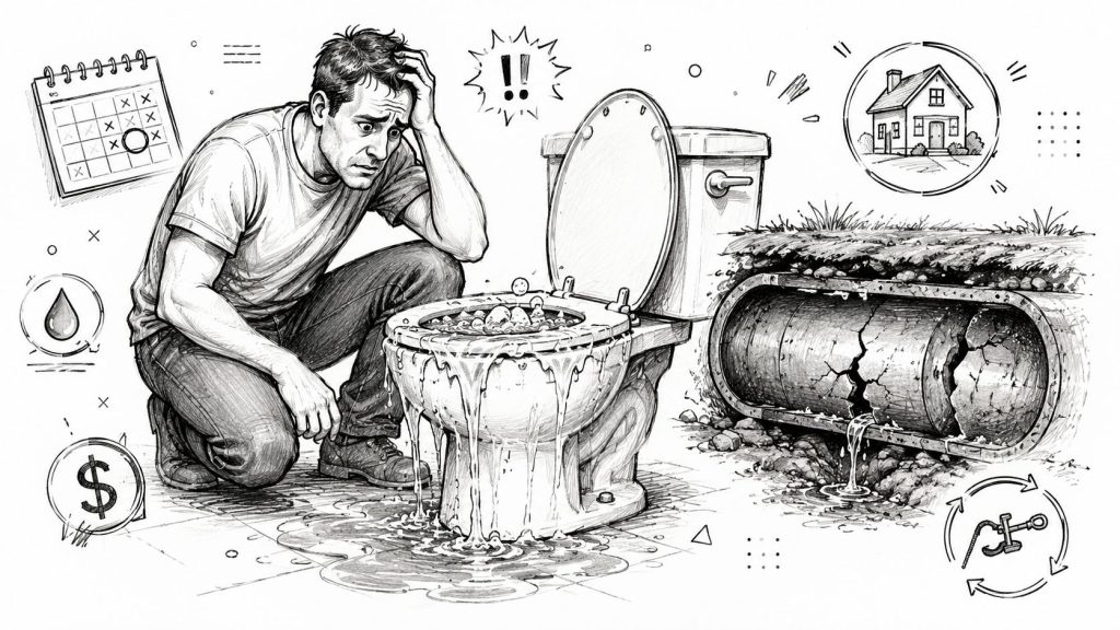 A worried man looking at an overflowing toilet with a broken underground pipe diagram illustration nearby.