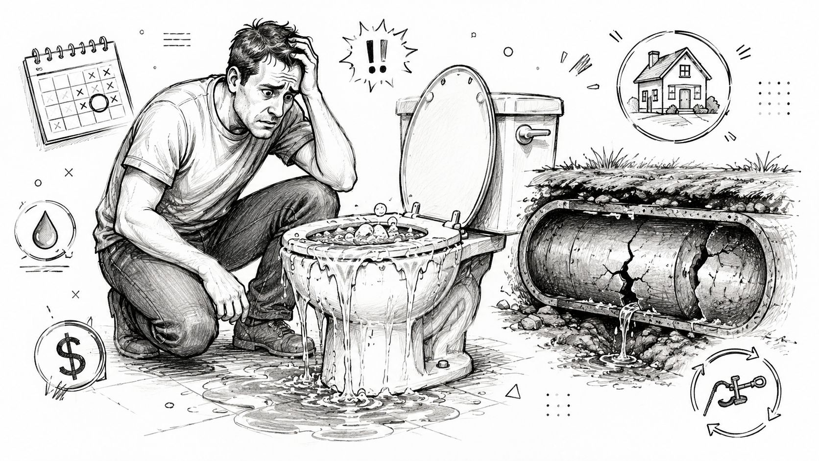 A worried man looking at an overflowing toilet with a broken underground pipe diagram illustration nearby.