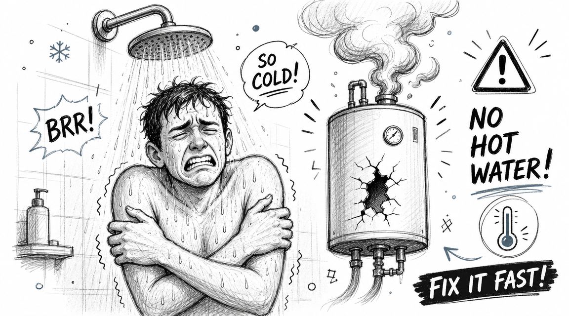 A man shivering under a cold shower next to a broken water heater with text overlay.