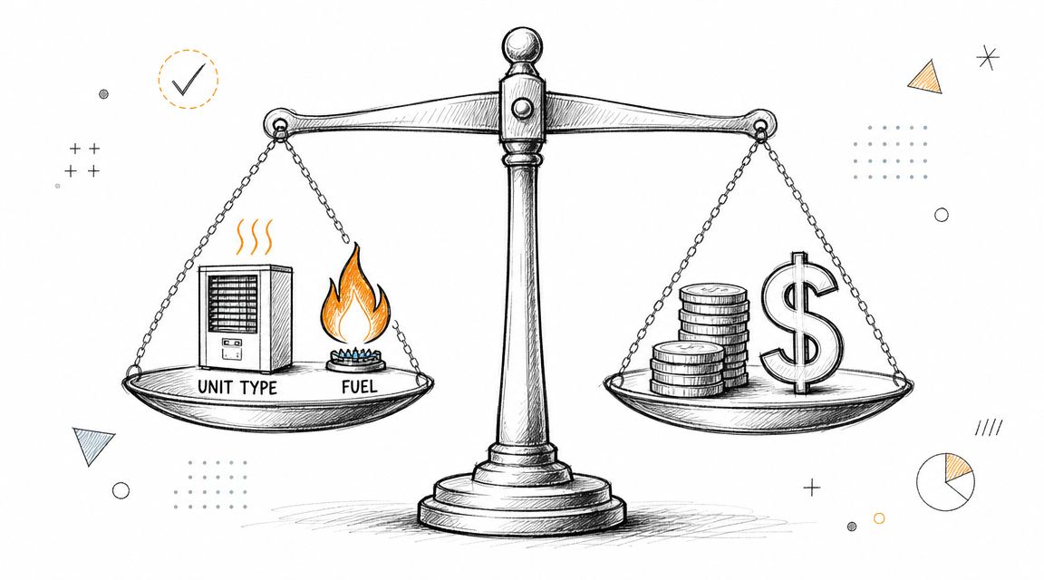 A conceptual scale illustration balancing gas heater units on one side with stacks of money on the other.