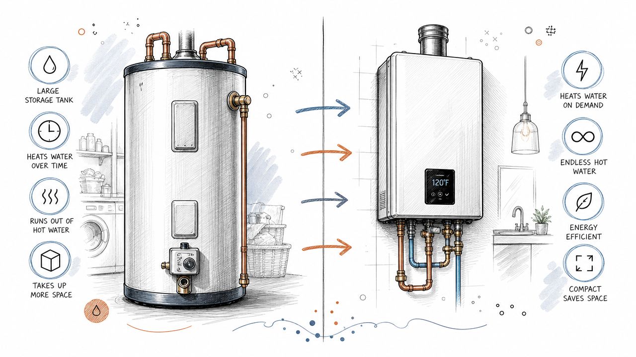 A comparison illustration between a traditional tank-style water heater and a modern tankless water heater unit.