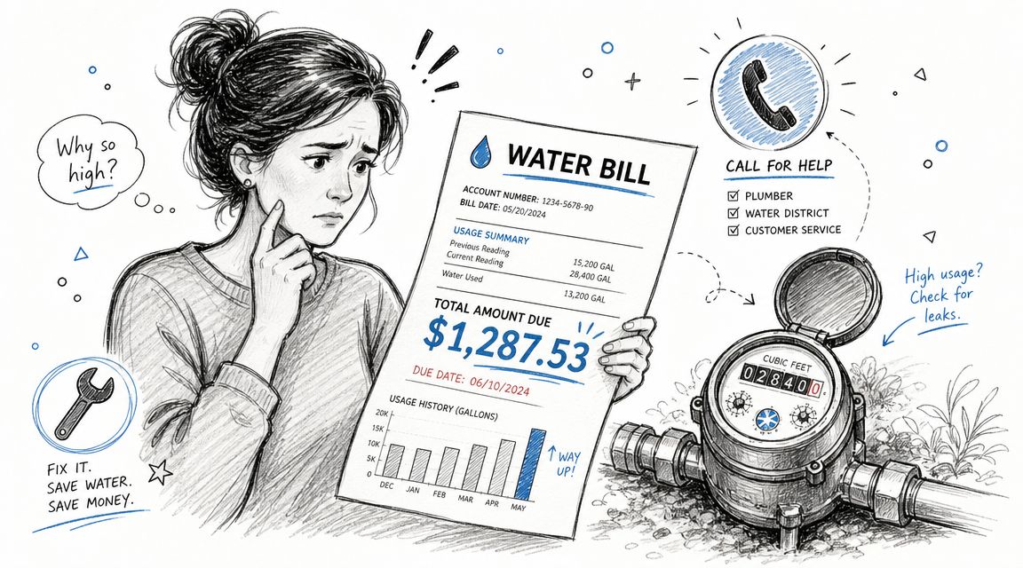 A concerned woman holding a high water bill while looking at her home water meter for leaks.