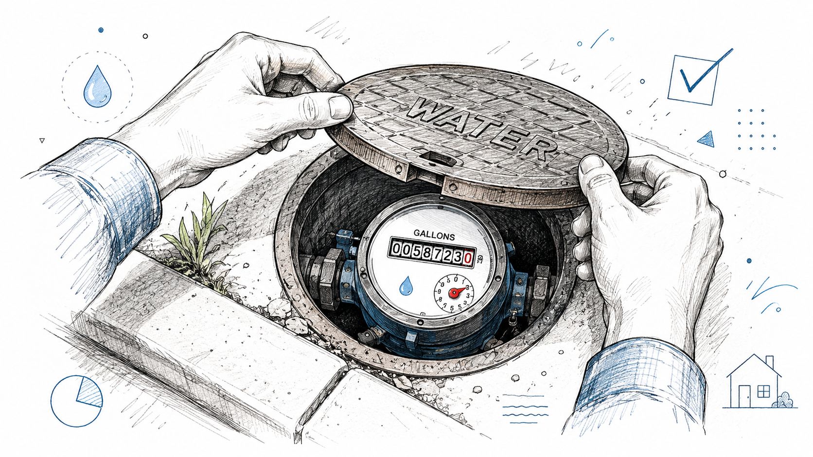 A close-up sketch of a person lifting a manhole cover to inspect a residential water meter.