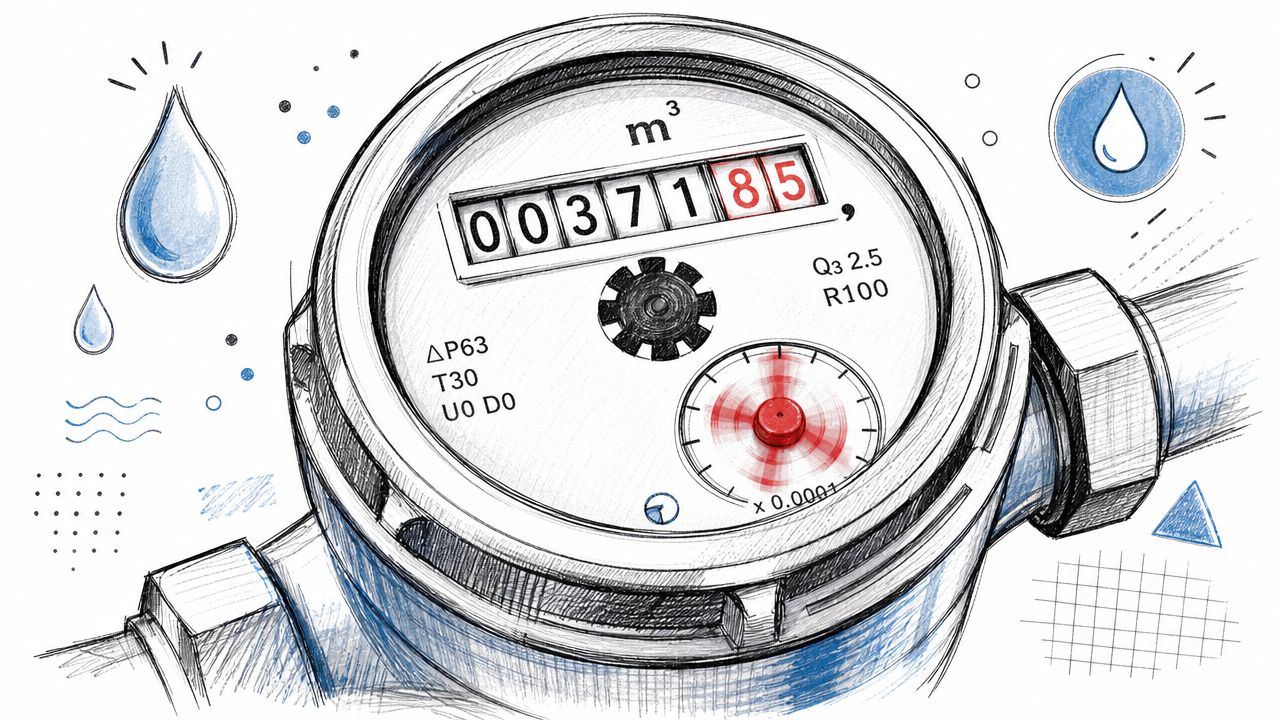 A close-up artistic sketch of a mechanical water meter measuring consumption in cubic meters.