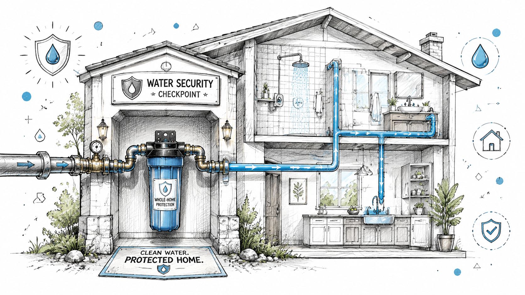 A detailed technical illustration of a whole home water filter system installed in a residential building structure.