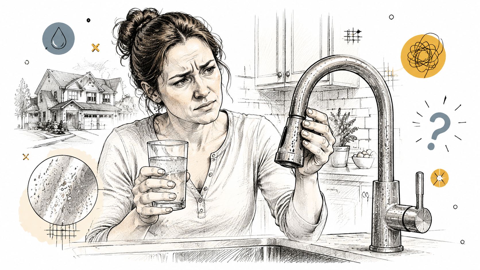 A concerned woman examining tap water from her kitchen faucet with a house in the background.