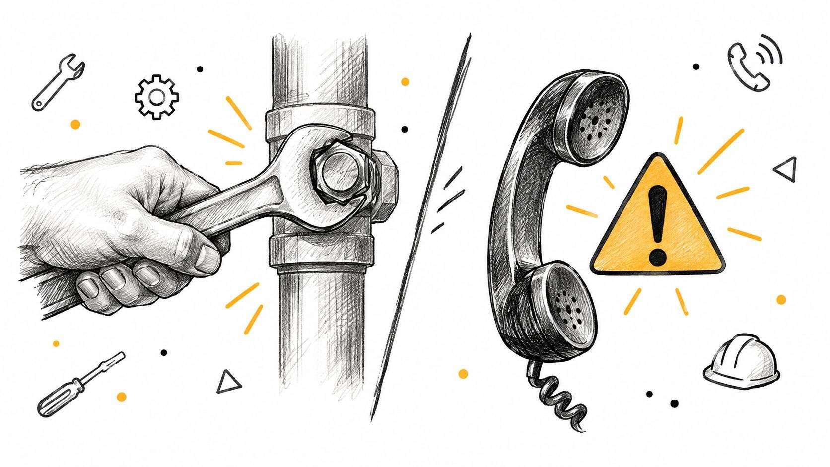 A hand using a wrench to repair a pipe next to a phone and warning symbol illustration.