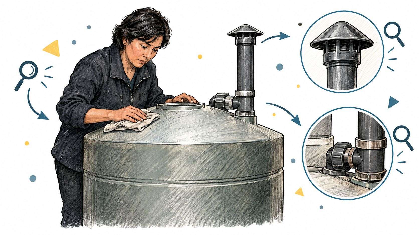 A technician wipes down a metal water storage tank while inspecting plumbing connections and ventilation components.