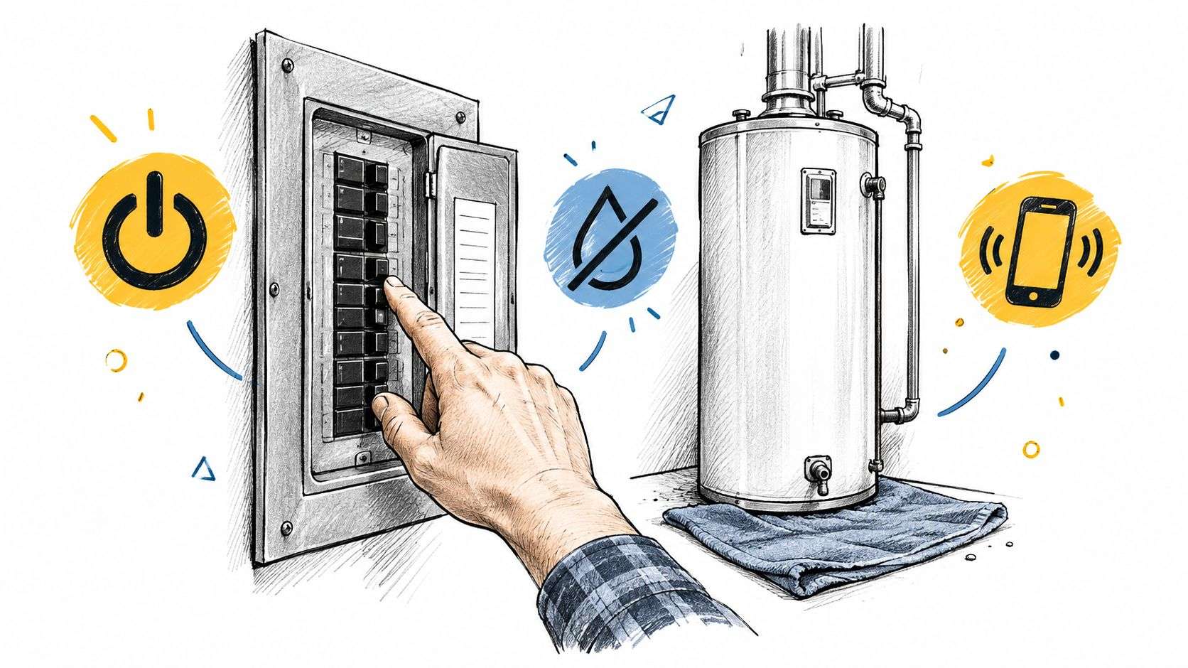 A hand turning off a breaker switch near a hot water tank with a mobile phone icon.