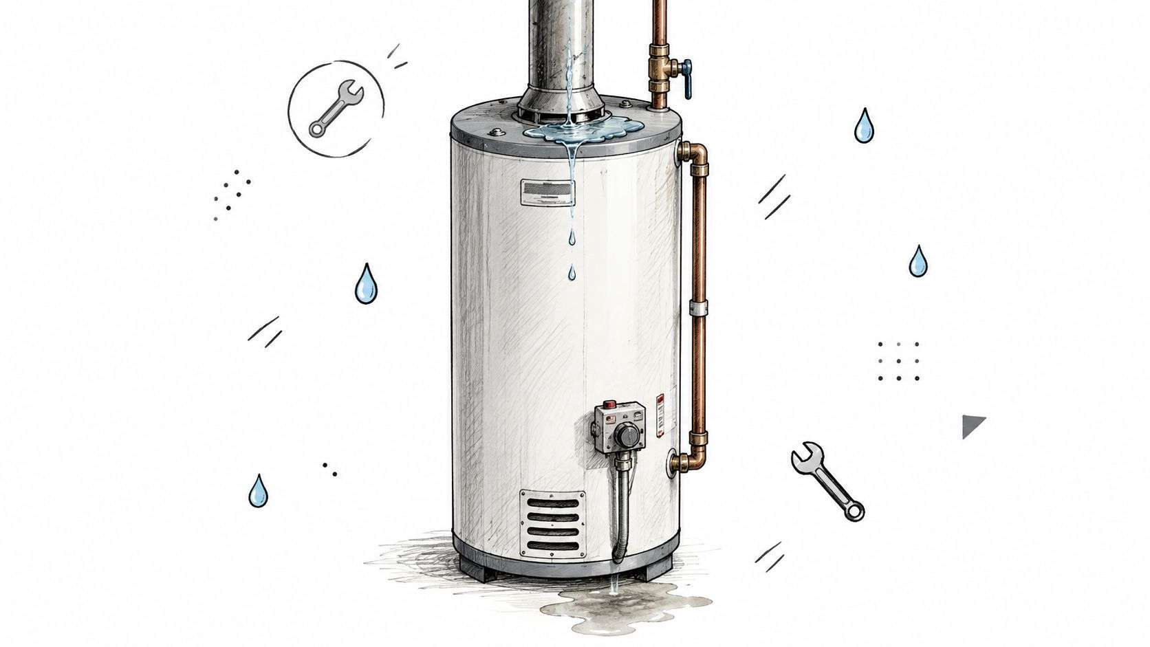 A leaking hot water heater with water dripping from the top vent onto the floor.
