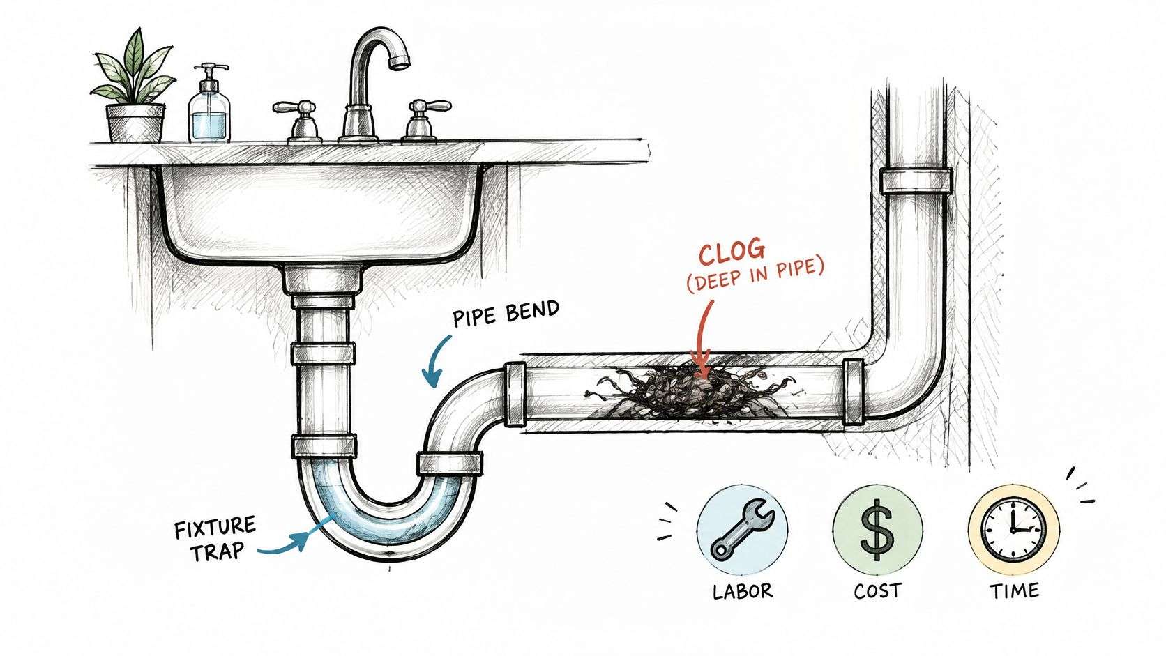 A diagram of a sink drainage system highlighting a deep pipe clog with labor, cost, and time icons.