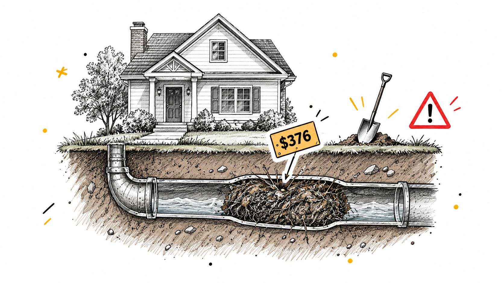 A diagram showing an underground sewer pipe with a large root clog and a cost tag of $376.