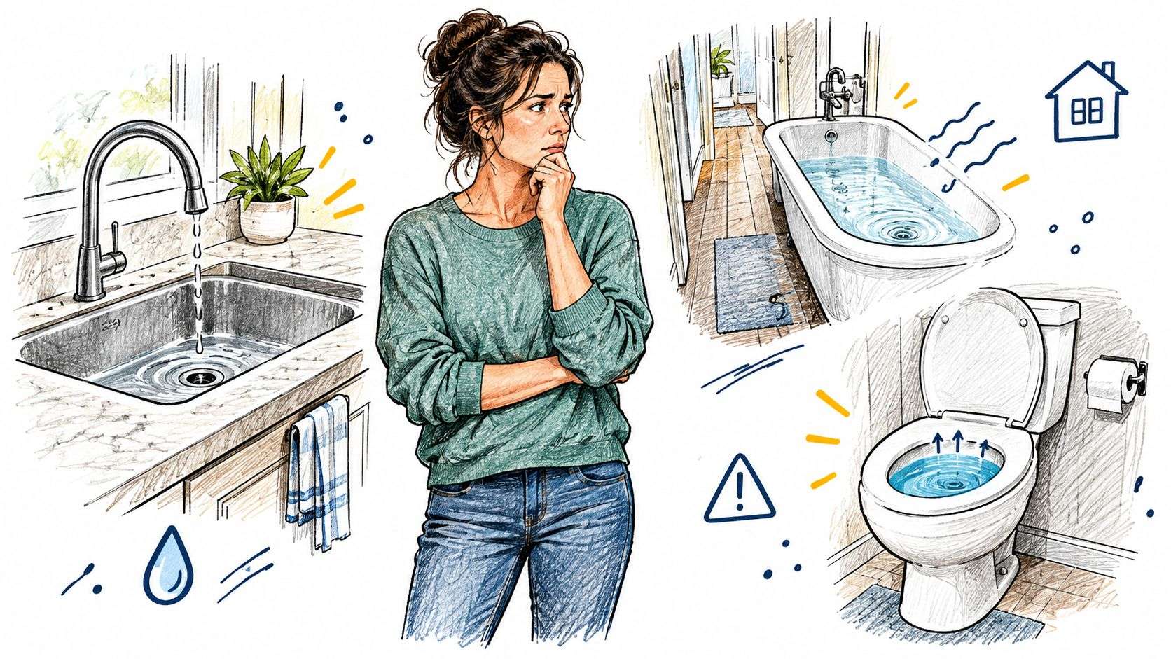 A concerned woman standing in a home surrounded by illustrations of plumbing issues like clogged sinks and toilets.