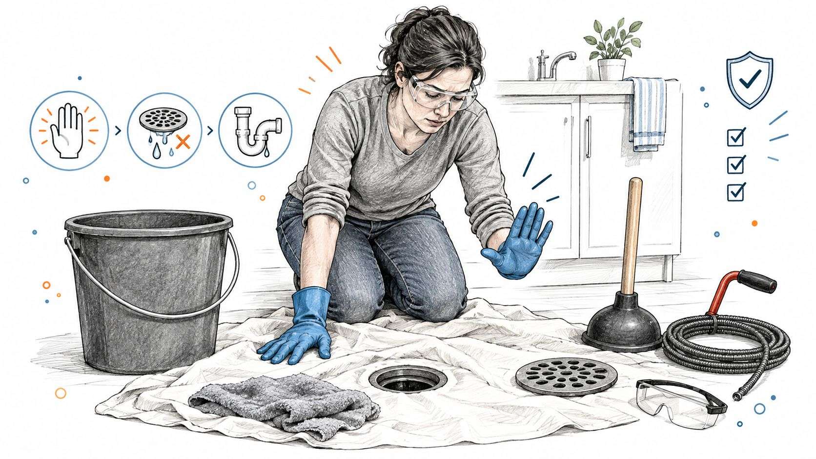 A woman wearing gloves and safety glasses prepares to fix a clogged floor drain using tools.