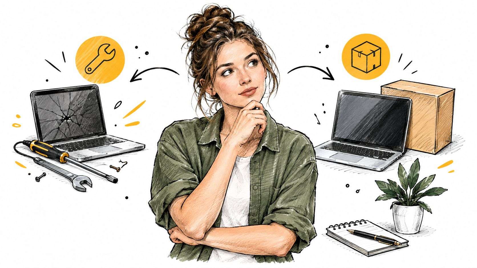 A woman contemplating whether to repair her broken laptop or purchase a new replacement device online.