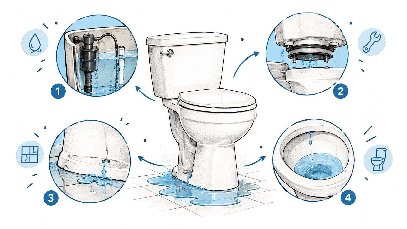 A diagram illustrating common sources of a leaking toilet, including tank, base, and bowl problems.
