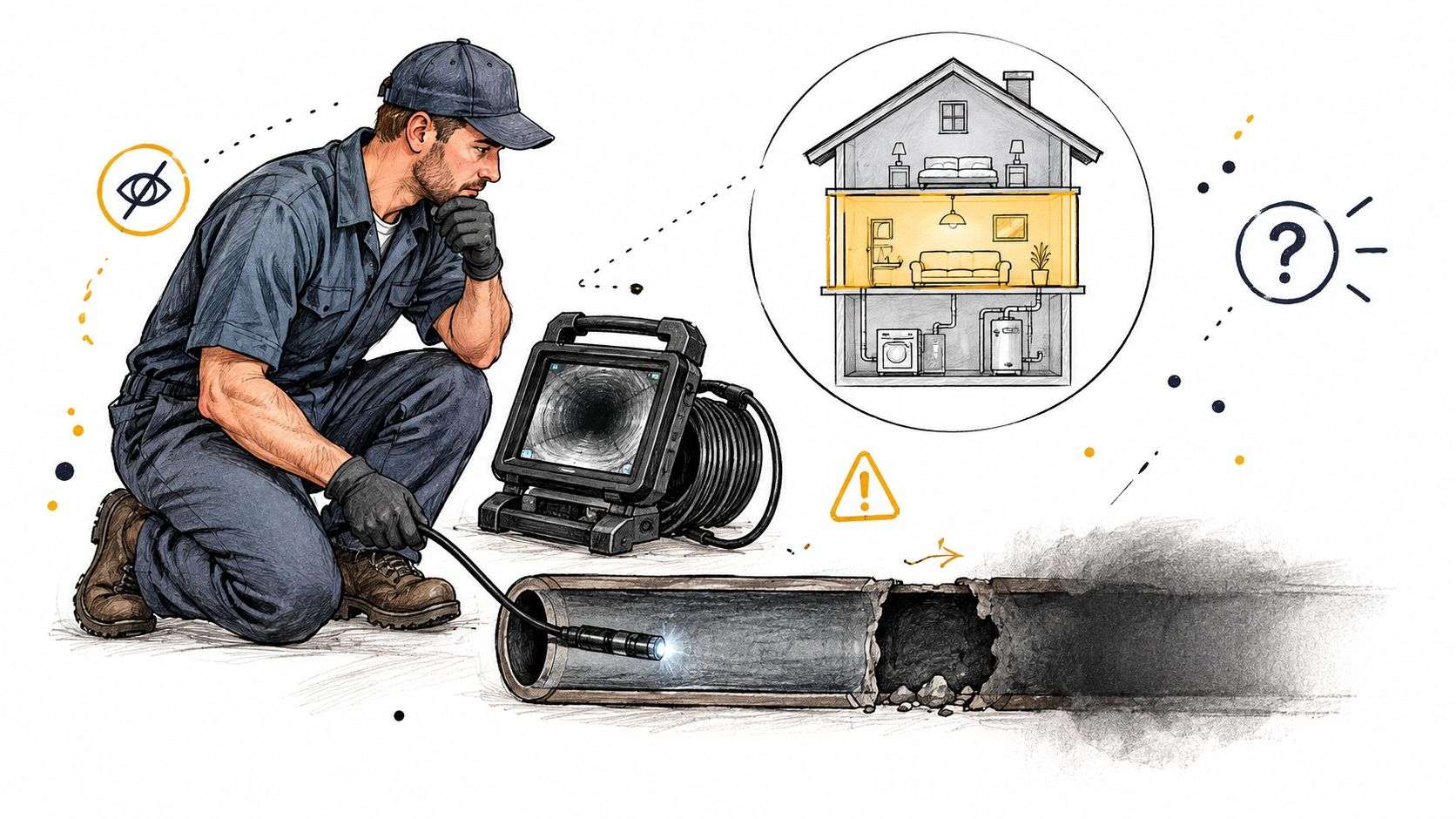 A professional plumber using a drain camera inspection tool to identify blockages in an underground pipe.