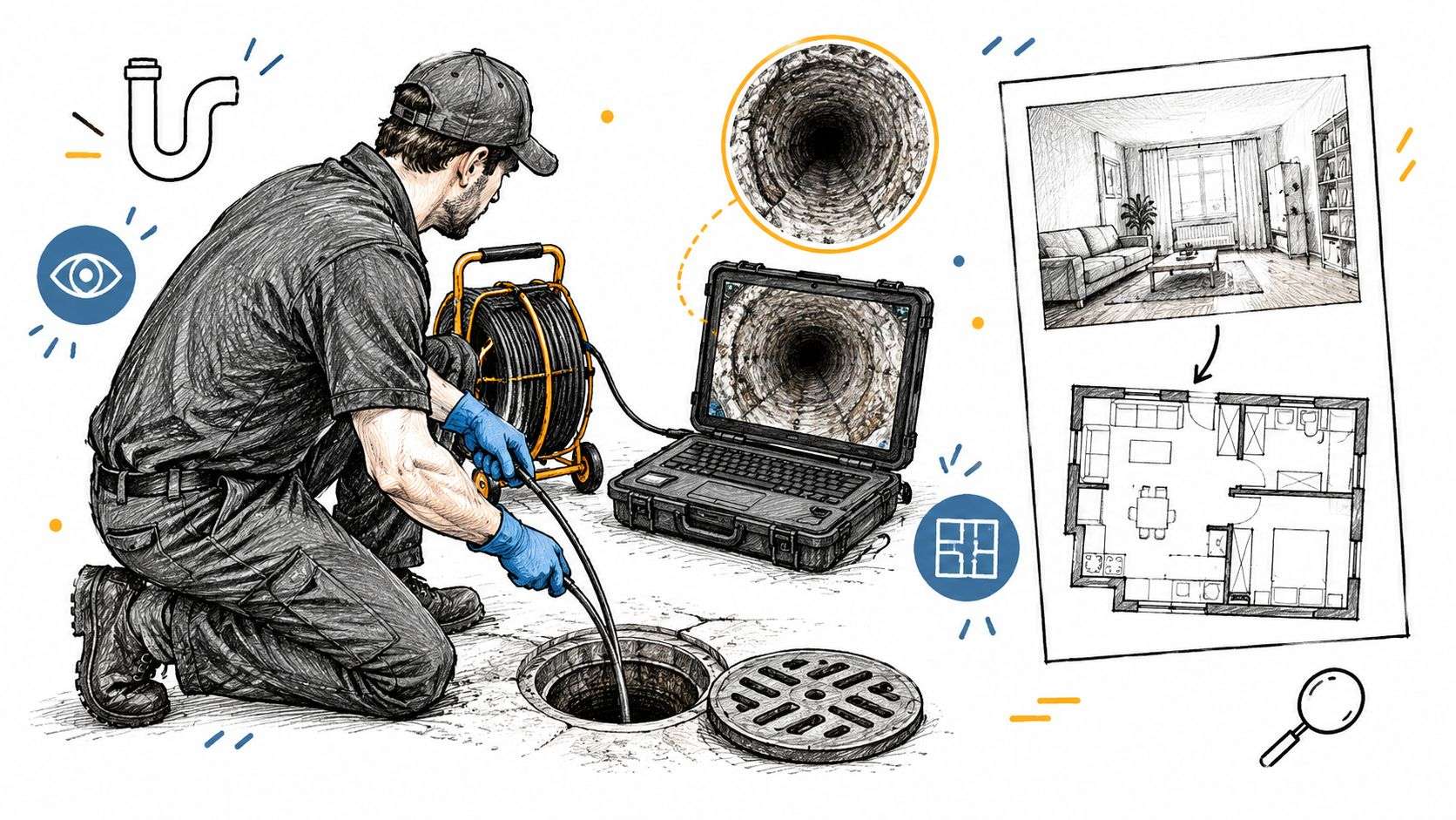 A professional technician using a pipe inspection camera to perform a sewer drain assessment for a home.