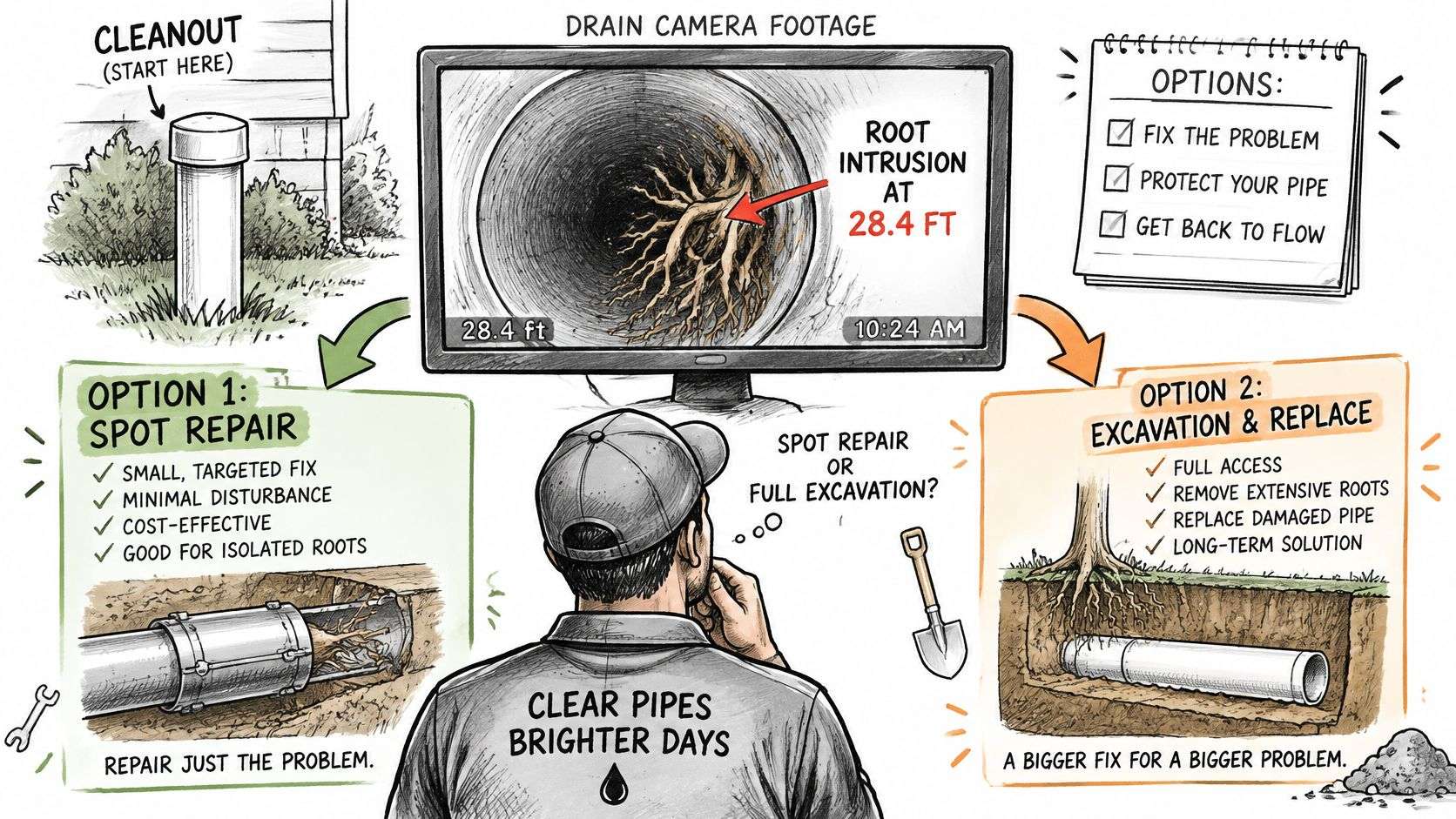 A professional plumber evaluates drain camera footage to decide between spot repair or excavation for pipe maintenance.
