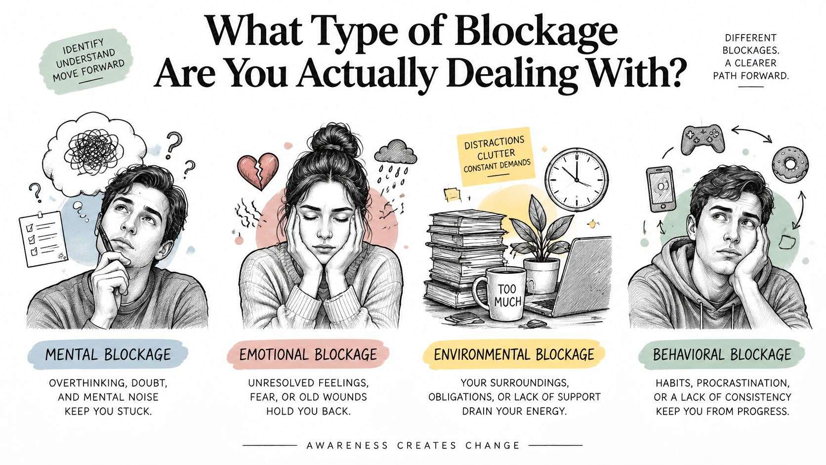 An infographic illustrating four types of personal blockages: mental, emotional, environmental, and behavioral.